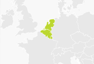 Carte Europe avec Benelux surligné en vert - zone de distribution Chambrelan Belgique, Pays-Bas, Luxembourg