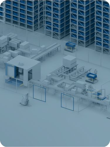 Vue aérienne d'un entrepôt automatisé avec rayonnages et lignes de convoyage - application intralogistique et logistique industrielle