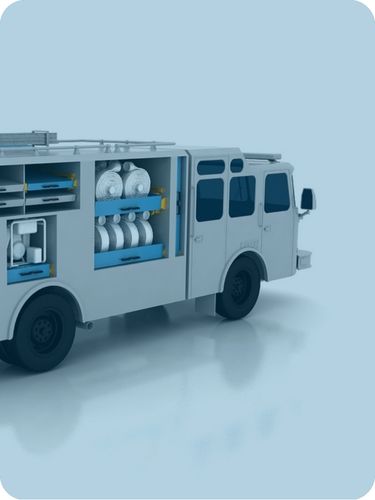 Camion de pompiers avec compartiments ouverts et équipements intégrés - application véhicules d'intervention et secours