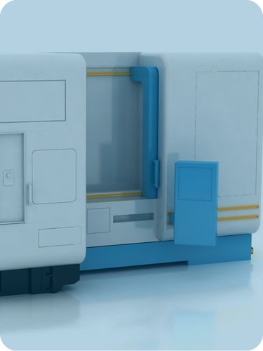 Schéma 3D d'une machine-outil avec porte coulissante bleue et rails dorés - application usinage industriel
