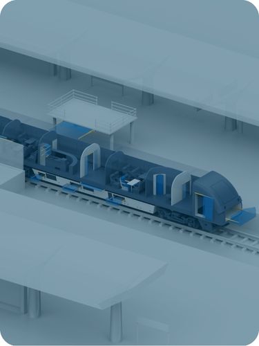 Vue isométrique d'un train en coupe avec aménagement intérieur - application matériel roulant ferroviaire