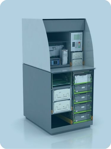 Distributeur automatique industriel avec tiroirs et unités de contrôle
